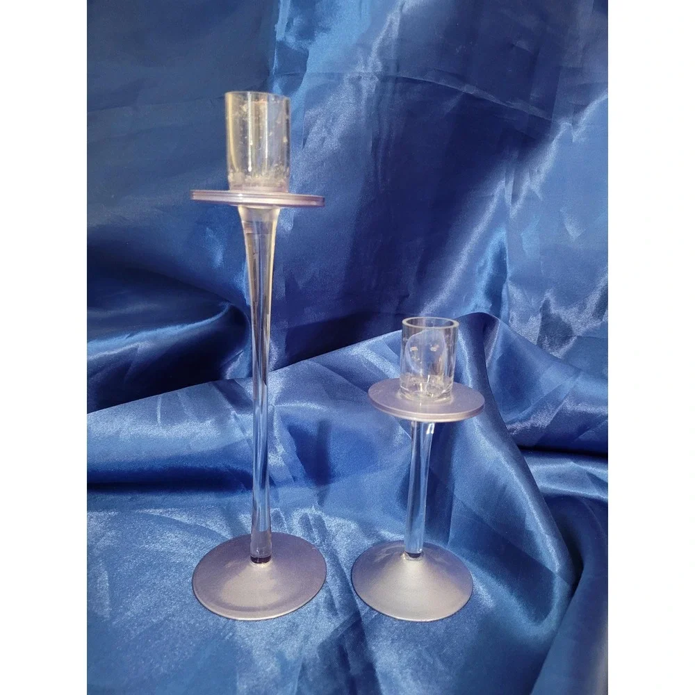Glass Candlestick Holders Set of 2 Purple/Lavender Tinted Glass with Clear Stems